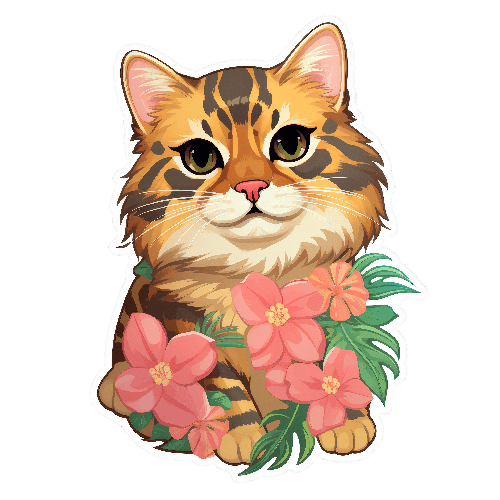 Cartoon Cat with Big Eyes and Pink Flower - Illustration