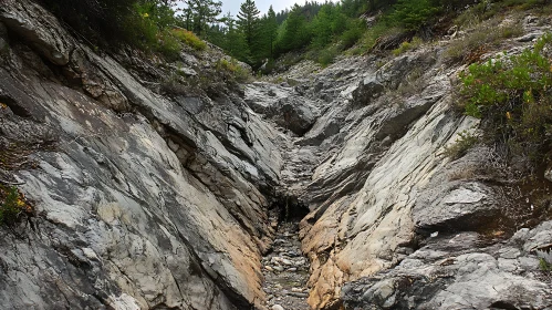 Steep Rocky Canyon with Green Conifers