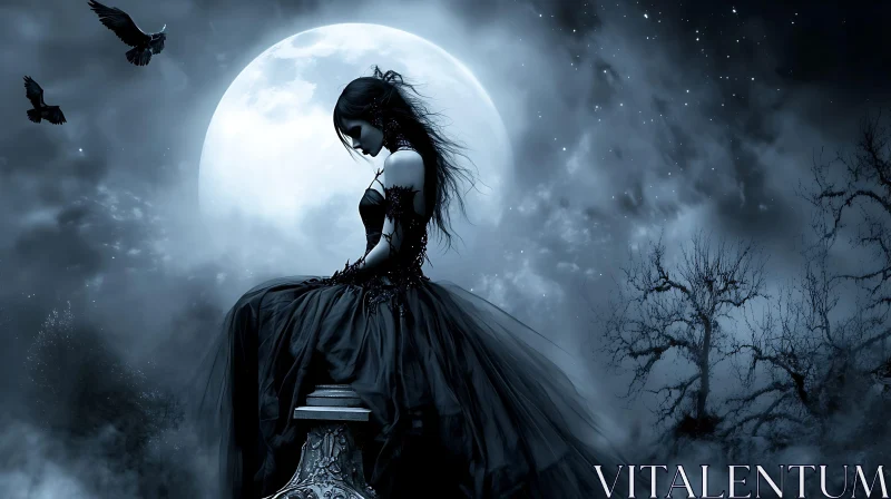 Moonlit Reverie: Gothic Woman in Contemplation