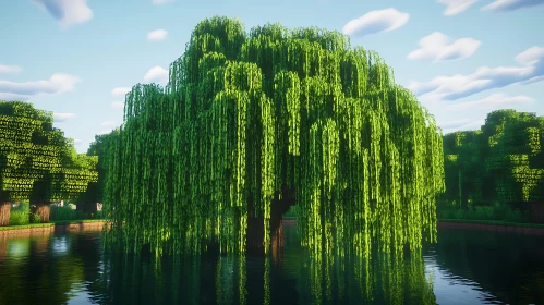 Peaceful Waterside Willow Tree Scene