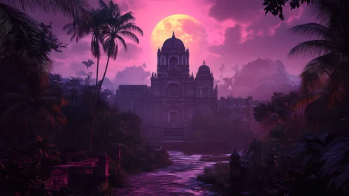 Tropical Temple Under Moonlight
