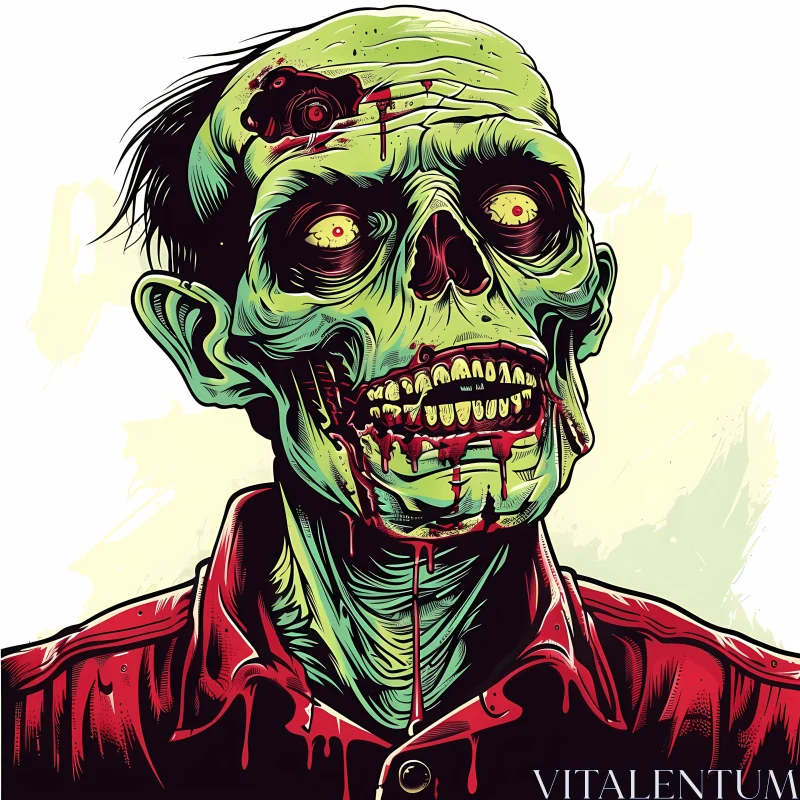 Digital Illustration: Green-Skinned Zombie with Blood-Stained Mouth AI Image