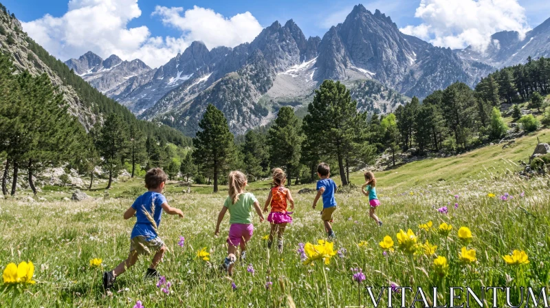 Children Playing in Scenic Mountain Field AI Image