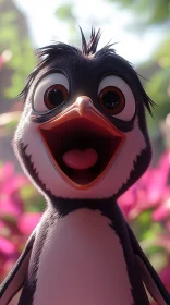 Joyful Cartoon Penguin with Floral Background