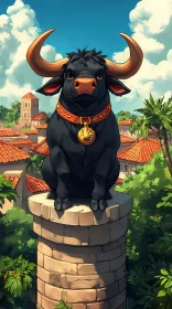 Black Bull Sculpture on Column