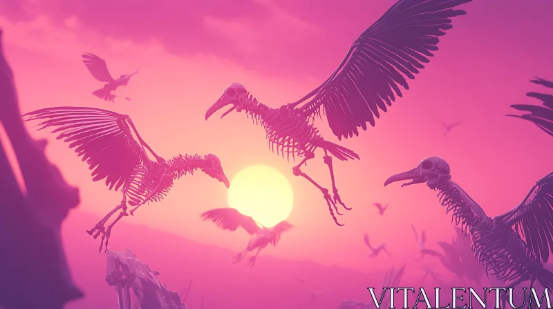 Pink Sky Avian Skeletons Surreal Composition AI Image