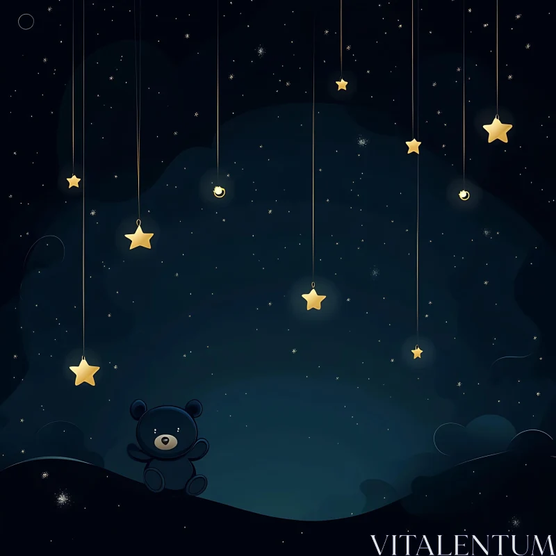 Cartoon Teddy Bear Under Starry Night