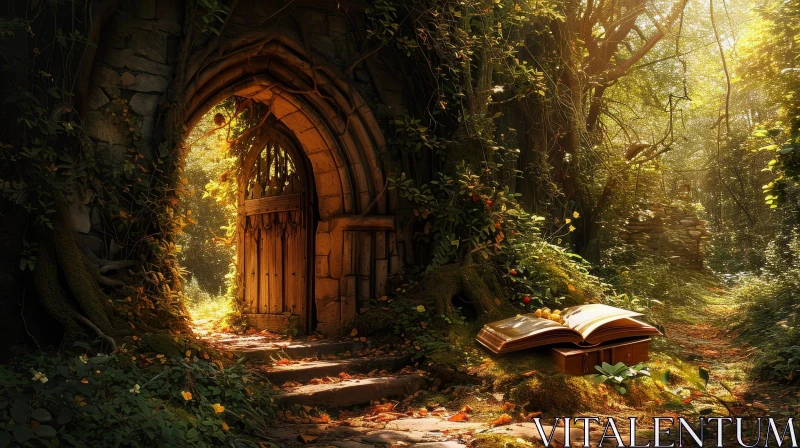 Enchanting Forest Scene with Stone Archway and Open Book AI Image