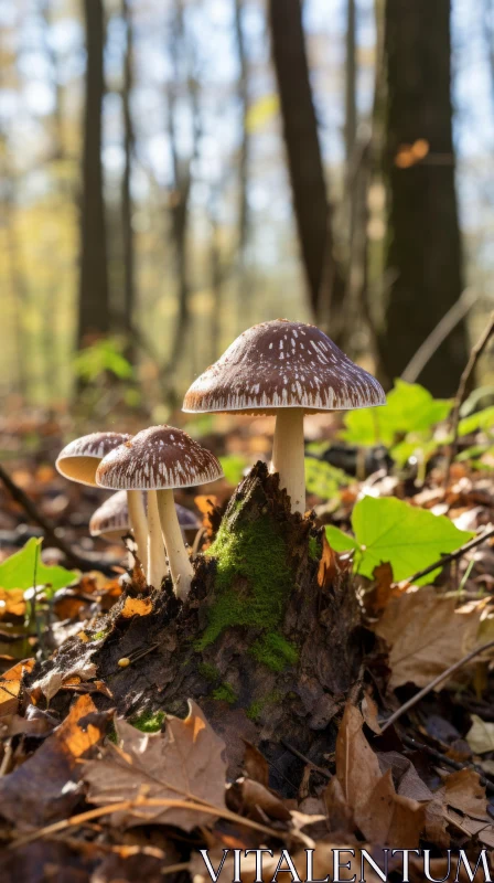 Enchanting Mushroom Trio Amidst Forest Leaves AI Image