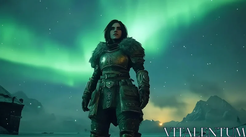 Armored Woman in Aurora Landscape