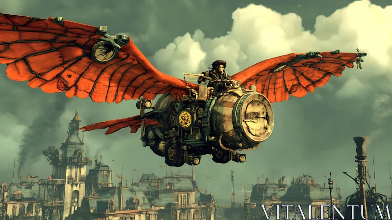 Winged Contraption Over Steampunk City