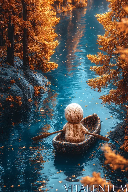 Knitted Figure on River in Autumn