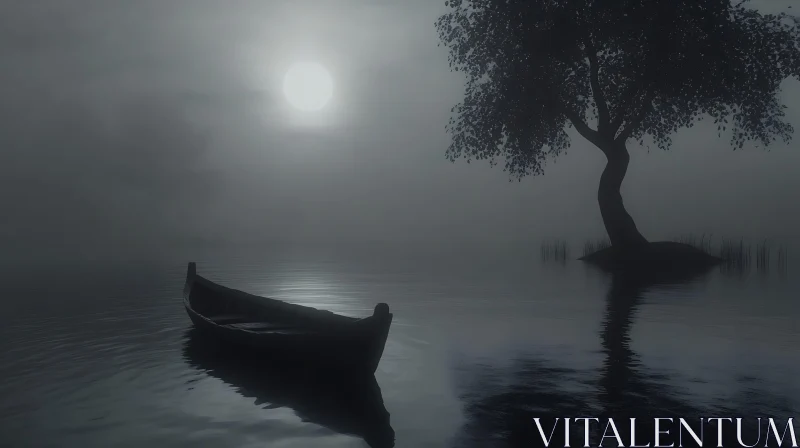 Foggy Lake Boat and Tree Silhouette