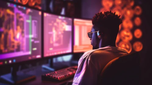Intense and Atmospheric Concept Art: Black Man with Computer Monitors