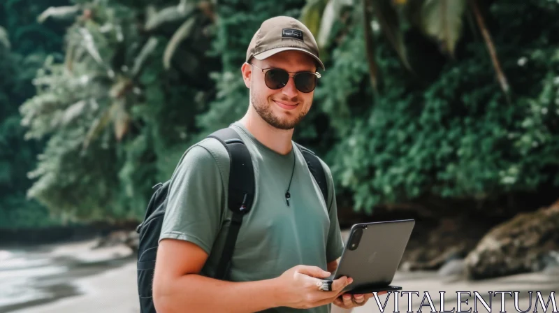 Person with Backpack Holding Laptop in Palm Tree Jungle on Beach AI Image