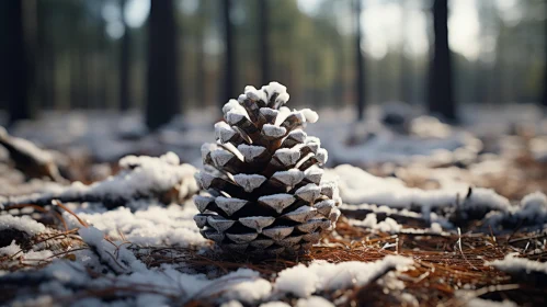 Snow-Covered Pine Cone in Forest - An Emblem of Winter