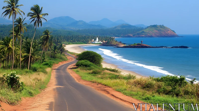 Tropical Beach Road with Palm Trees AI Image