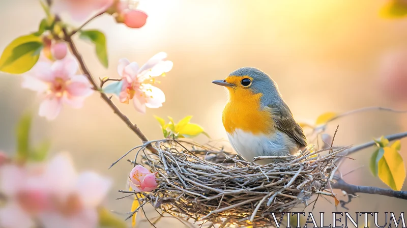 Robin in Nest Surrounded by Flowers AI Image