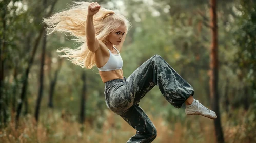 Blonde Woman Martial Arts in Forest