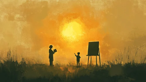 Sunset Art Lesson: Child and Teacher