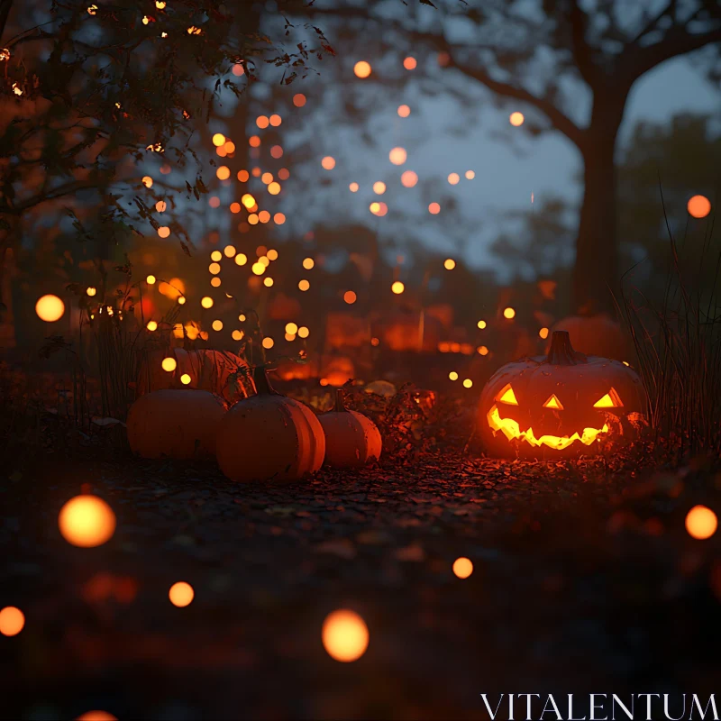 AI ART Halloween Pumpkins Under Night Lights