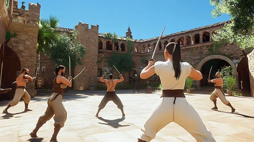 Warriors Practice Swordsmanship in Courtyard