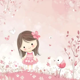 Cartoon Girl in Pink Floral Setting