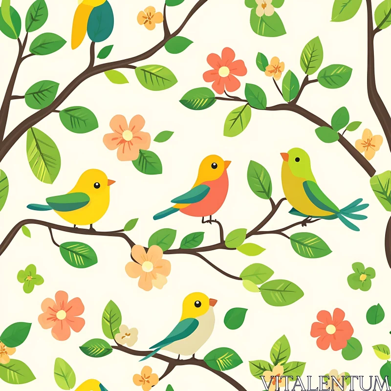 Colorful Bird Floral Pattern Illustration AI Image