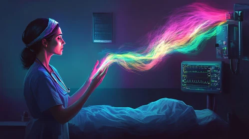 Doctor Holding Rainbow Energy in Hospital