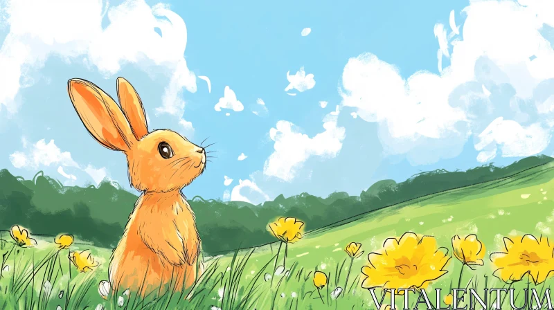 Illustrated Rabbit in Springtime Scenery AI Image