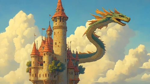 Fantastic Dragon and Castle in the Sky