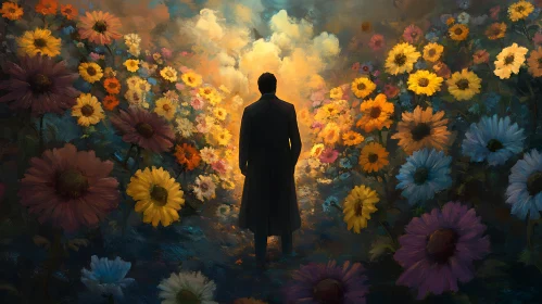Man in Floral Landscape Painting