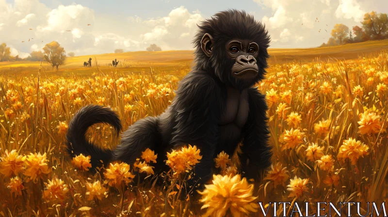 Monkey Stands in Sunny Flower Field AI Image