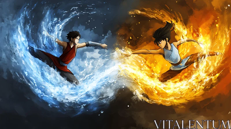 Anime Characters: Duality of Fire and Water AI Image