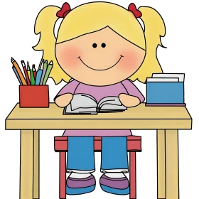 Cartoon Girl Studying at Desk