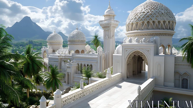 Ornate Mosque Amidst Tropical Landscape AI Image