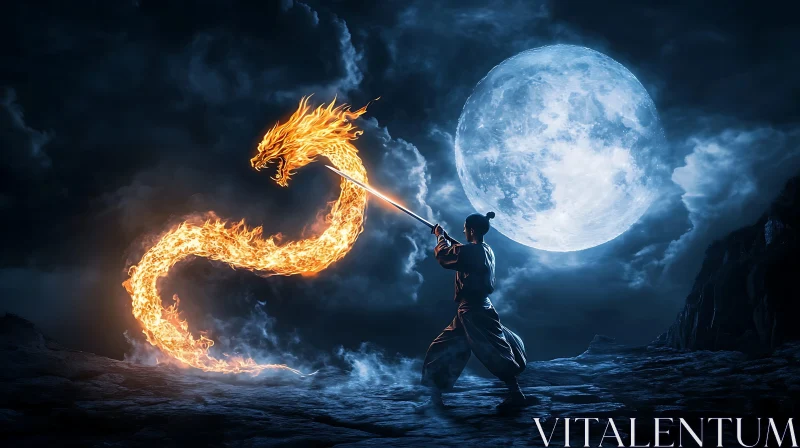 AI ART Warrior Facing Dragon in the Night