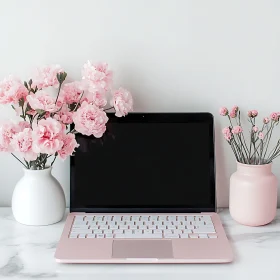 Stylish Pink Laptop with Flower Vases