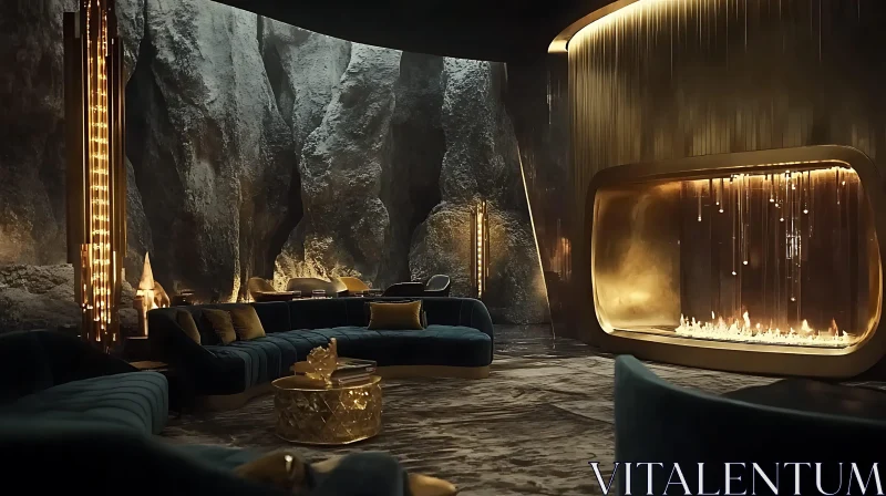 Opulent Interior with Velvet Sofa and Gold Fireplace AI Image