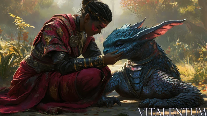 Gentle Touch: Woman and Her Dragon AI Image