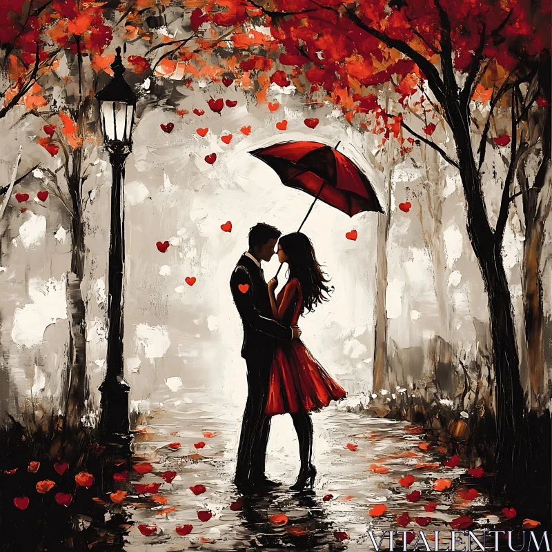 Love in the Rain of Hearts AI Image