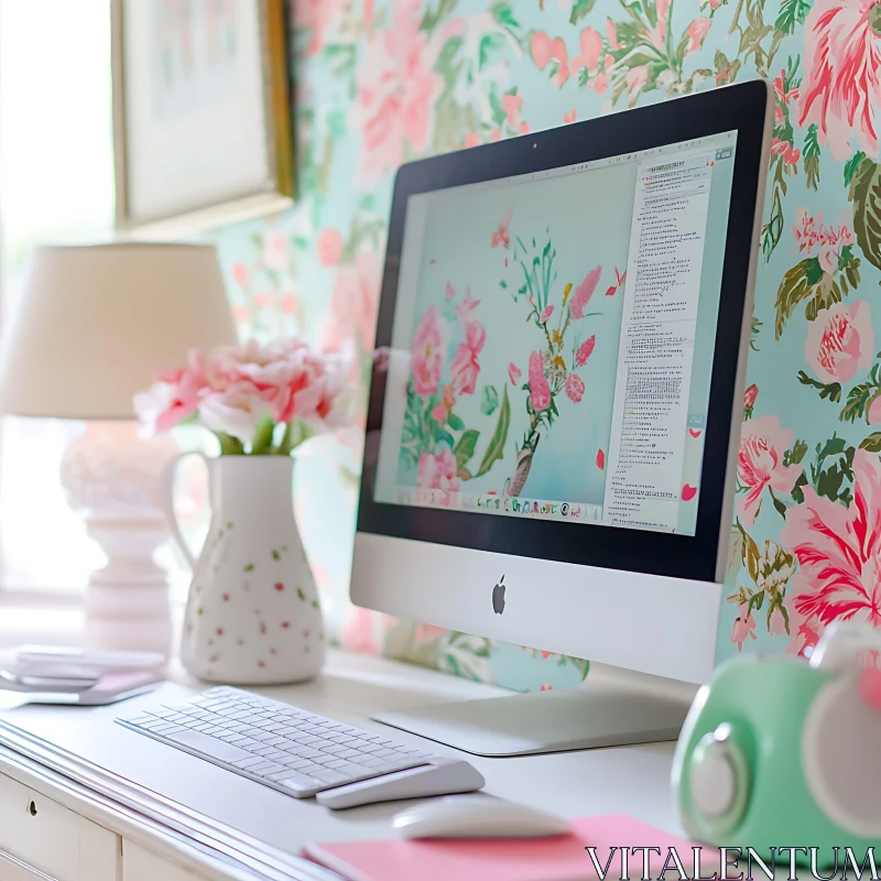 Stylish Desk with Floral Decor AI Image