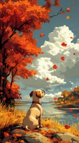 Tranquil Fall Landscape with Dog