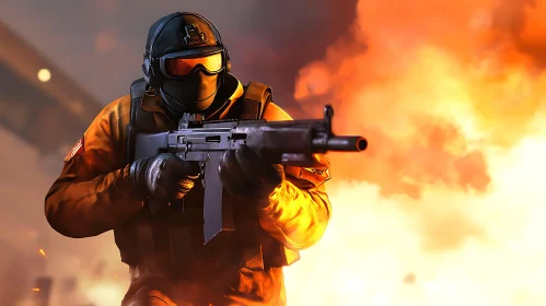 Soldier in Fiery Conflict - Unyielding Resolve