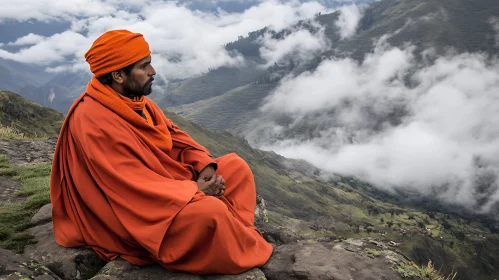 Man Meditating in Mountain Landscape