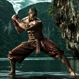 Man in Fighting Pose by the Lake