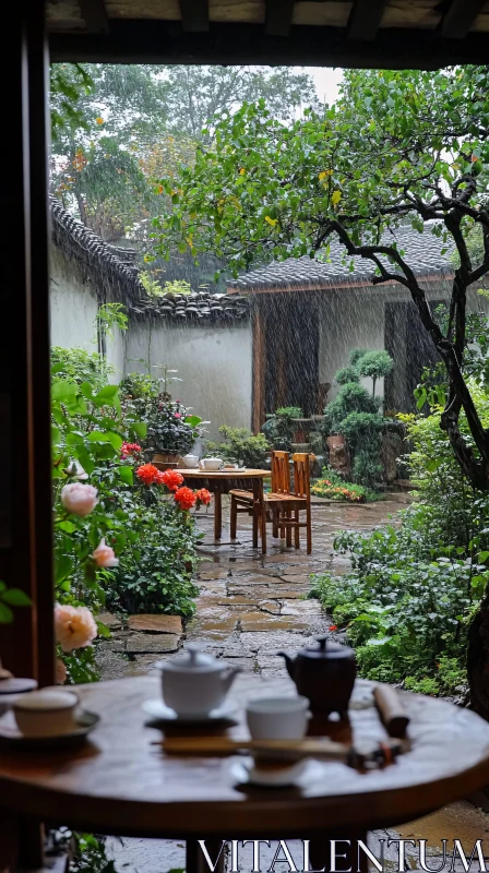 Peaceful Tea Time in Rainy Garden AI Image