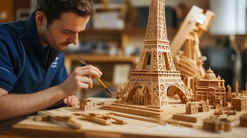 Detailed Miniature City Crafted from Wood