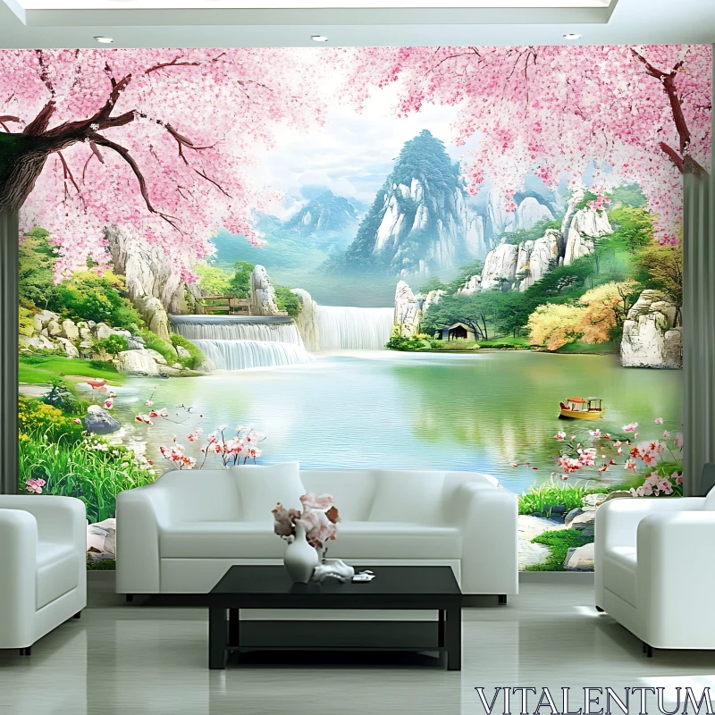 Picturesque Nature Mural with Waterfall and Cherry Blossoms AI Image