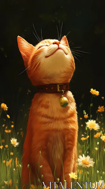 Cat Enjoying Sunshine Among Daisies AI Image